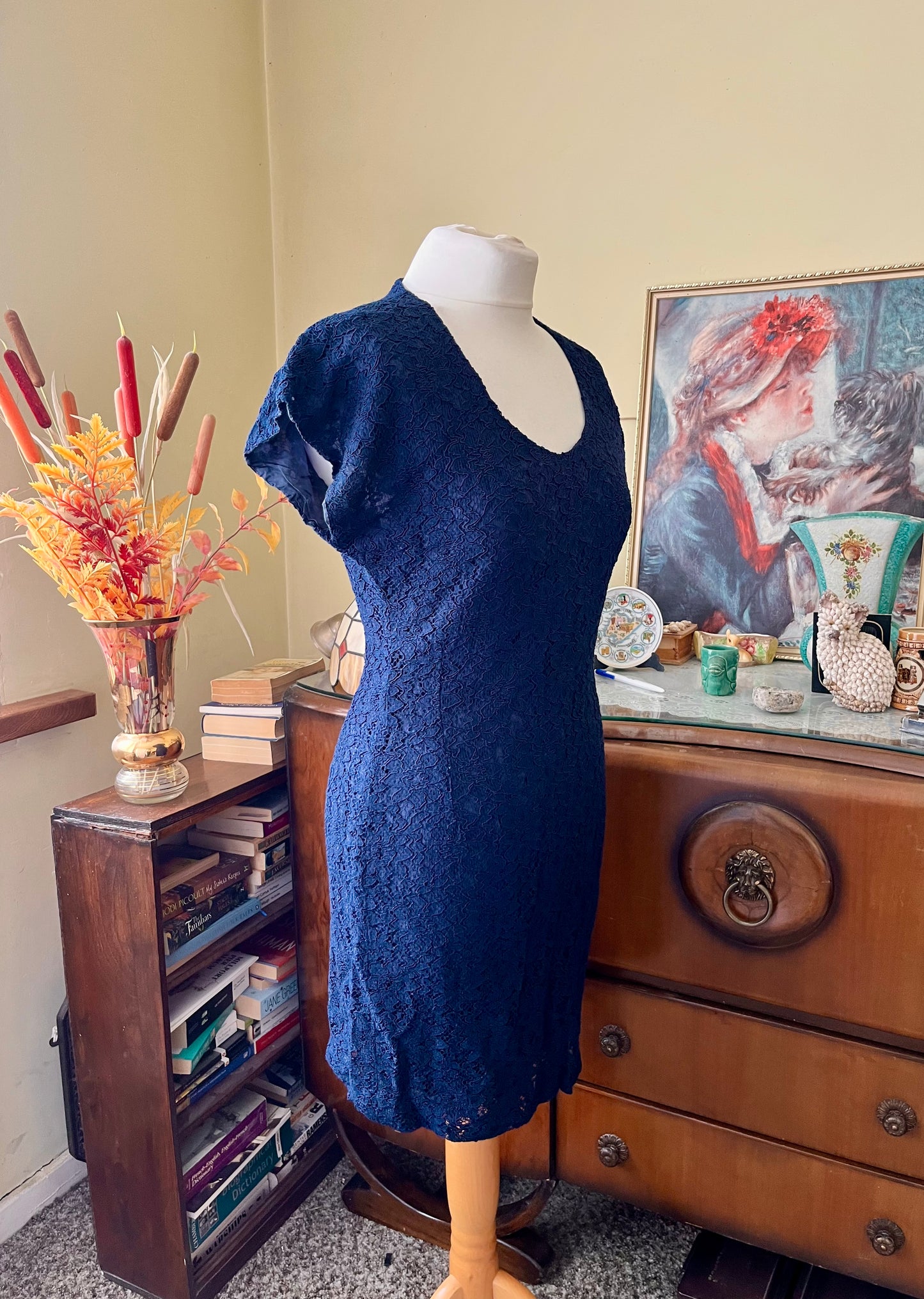 Vintage Dresses | 1960s Navy Mod Dress Lace Effect | Frock33