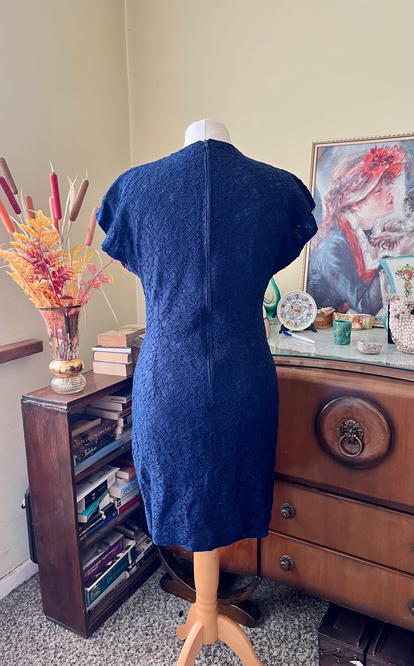 Vintage Dresses | 1960s Navy Mod Dress Lace Effect | Frock33