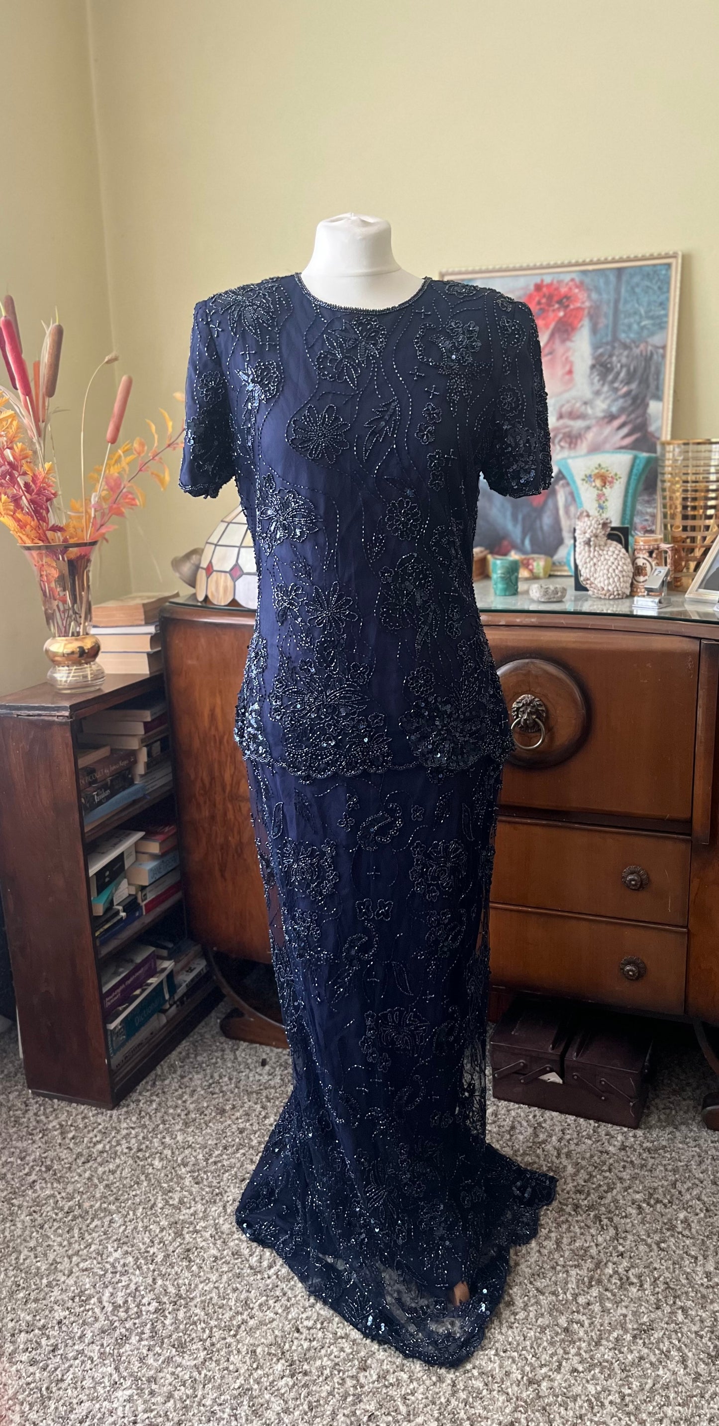Vintage Dresses - Evening Gown Vin 1980s Navy Blue Embellished Dress - Frock33