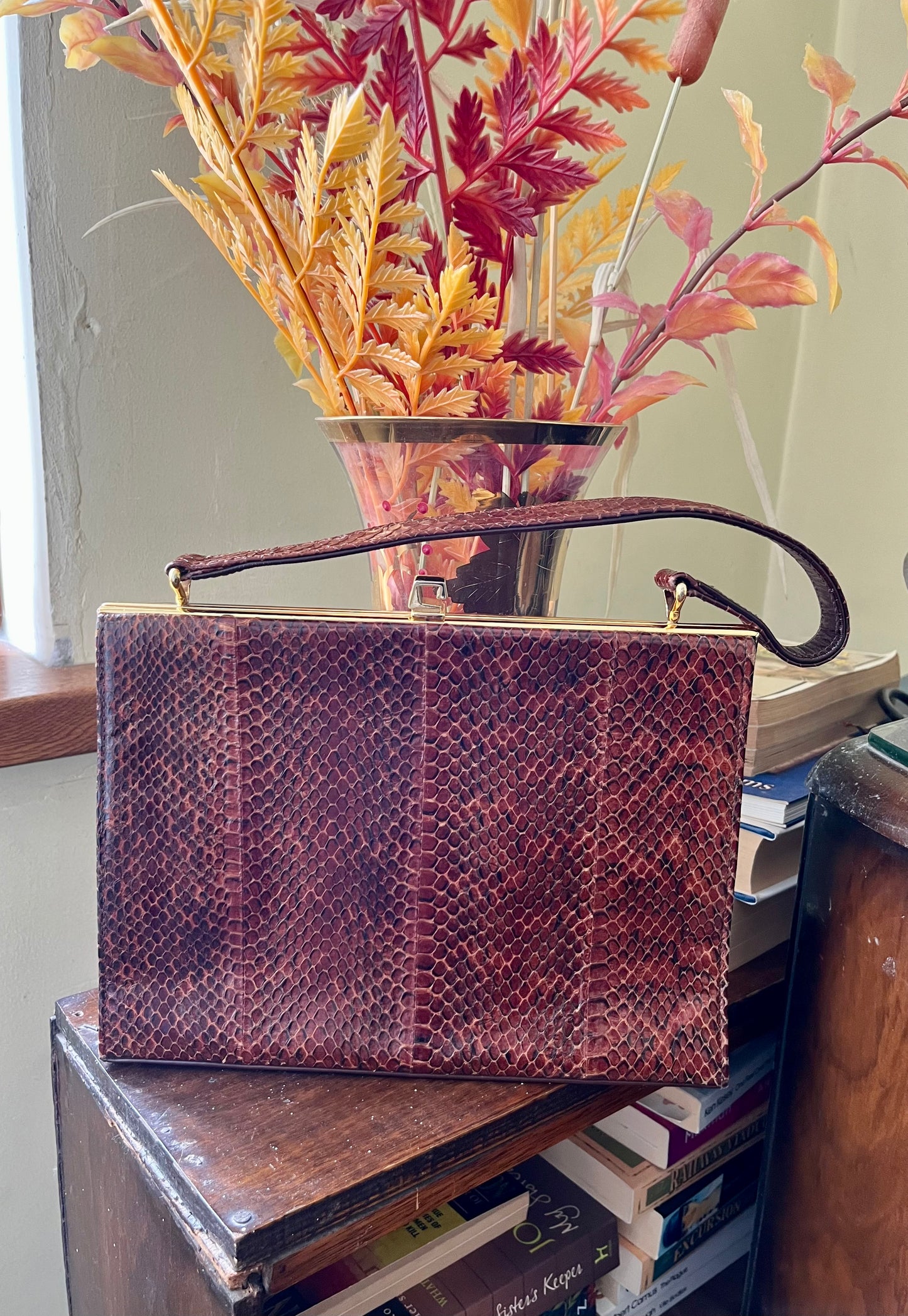 Vintage 1950s Simon Martin London Genuine Snakeskin Top Handle Bag – Brown with Gold Clasp - Frock33