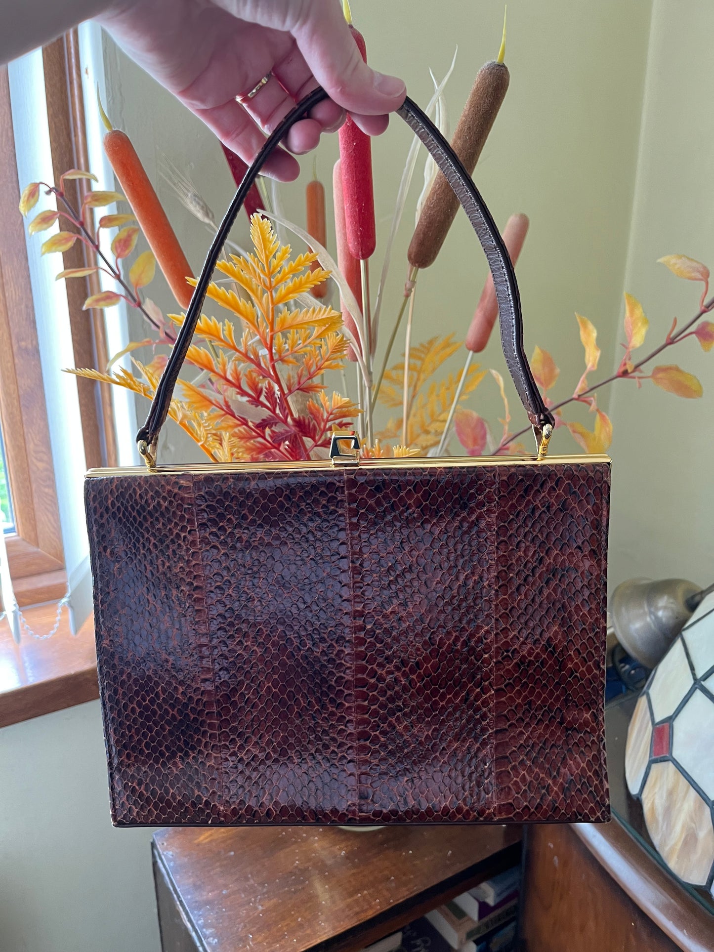Vintage 1950s Simon Martin London Genuine Snakeskin Top Handle Bag – Brown with Gold Clasp - Frock33