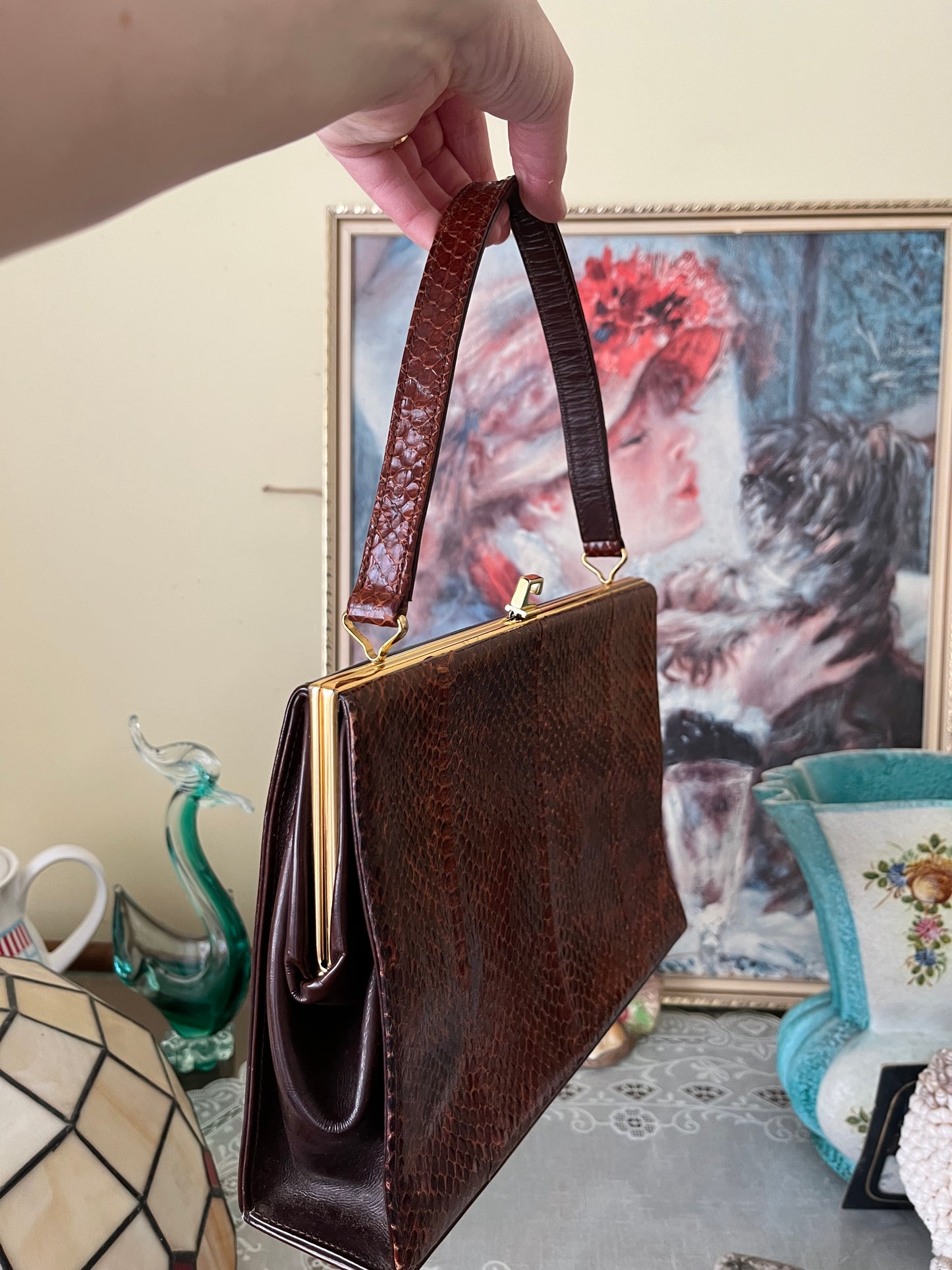 Vintage 1950s Simon Martin London Genuine Snakeskin Top Handle Bag – Brown with Gold Clasp - Frock33