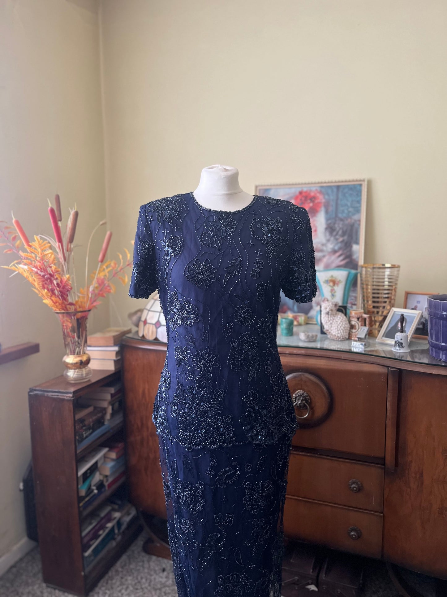 Vintage Dresses - Evening Gown Vin 1980s Navy Blue Embellished Dress - Frock33