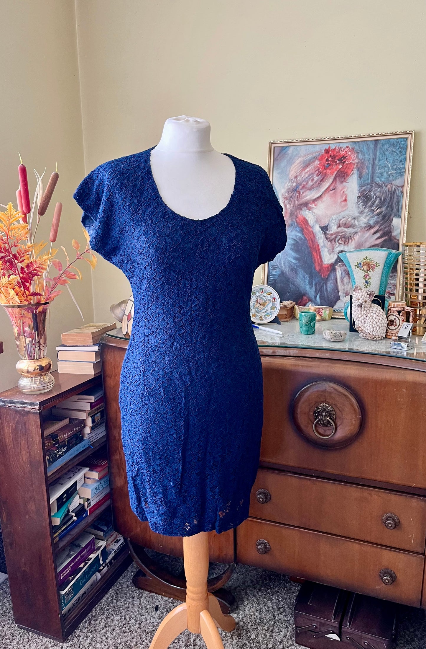 Vintage Dresses | 1960s Navy Mod Dress Lace Effect | Frock33