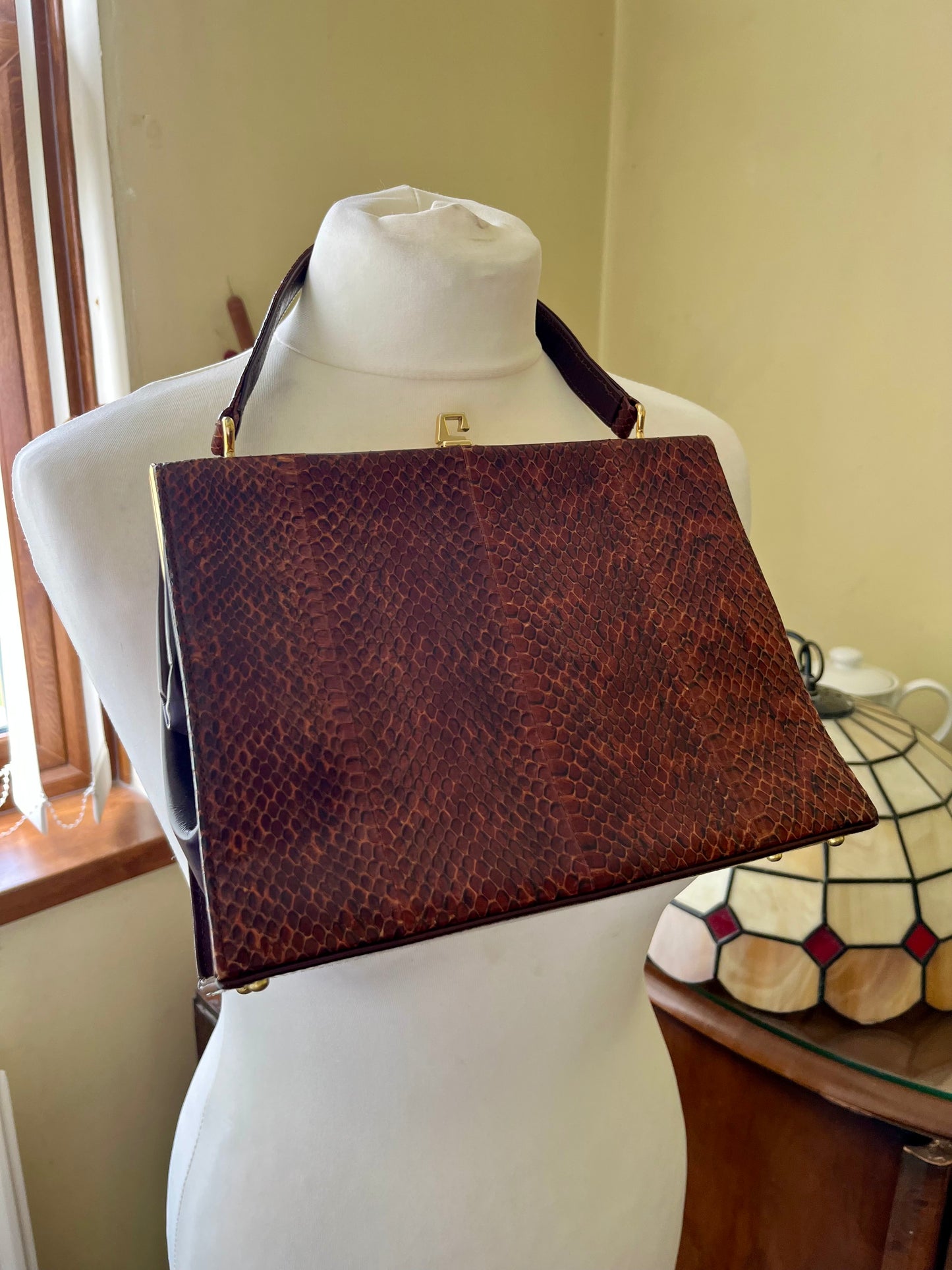 Vintage 1950s Simon Martin London Genuine Snakeskin Top Handle Bag – Brown with Gold Clasp - Frock33