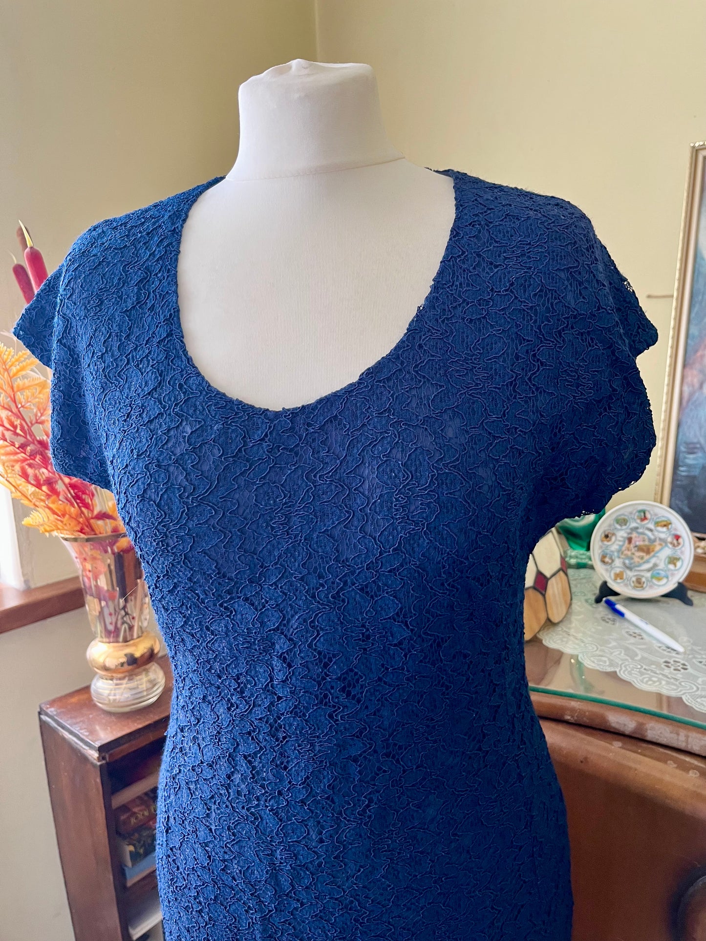 Vintage Dresses | 1960s Navy Mod Dress Lace Effect | Frock33