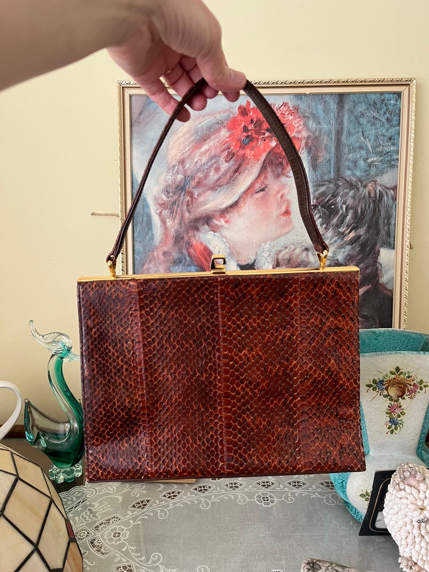Vintage 1950s Simon Martin London Genuine Snakeskin Top Handle Bag – Brown with Gold Clasp - Frock33
