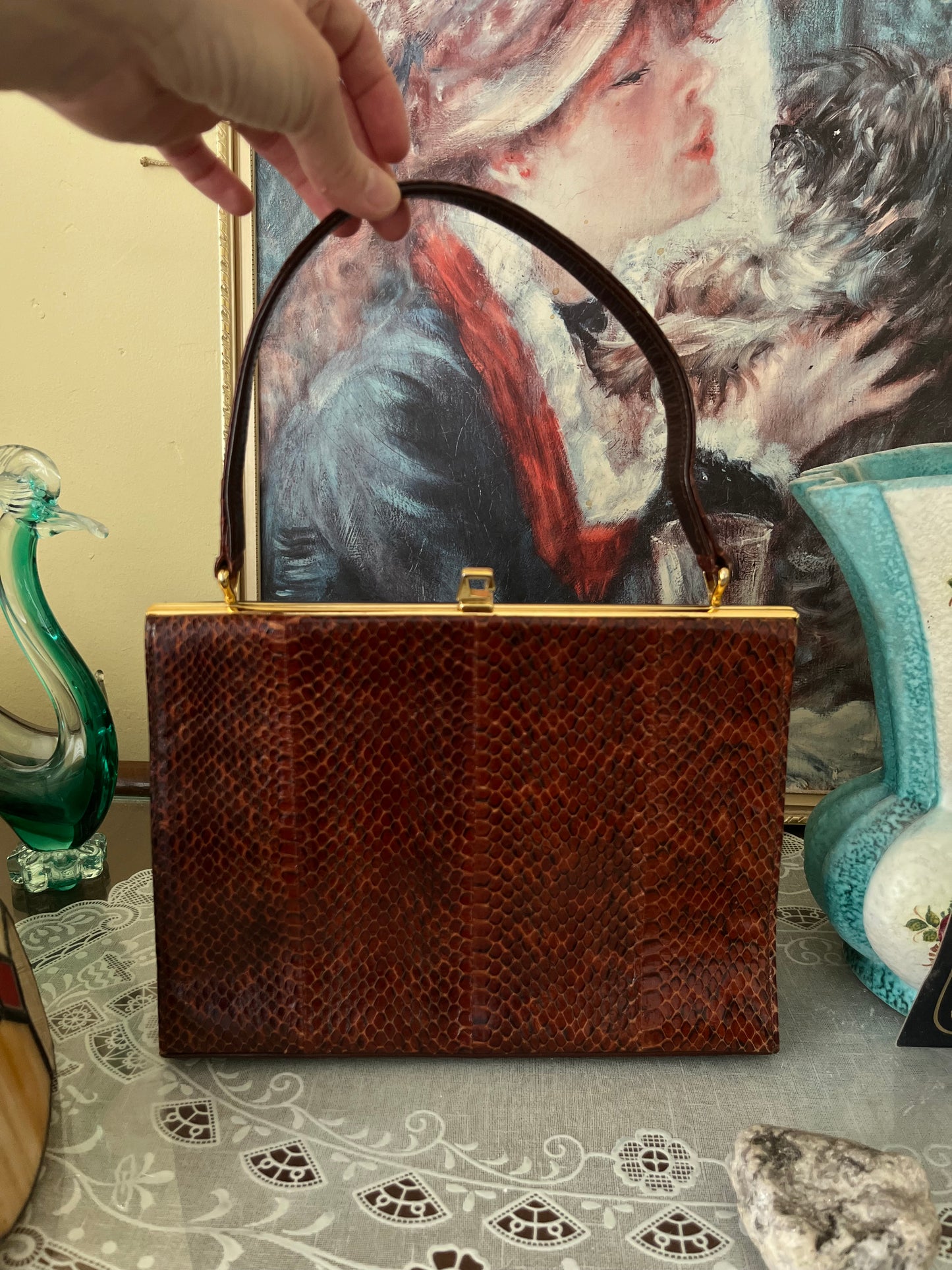 Vintage 1950s Simon Martin London Genuine Snakeskin Top Handle Bag – Brown with Gold Clasp - Frock33