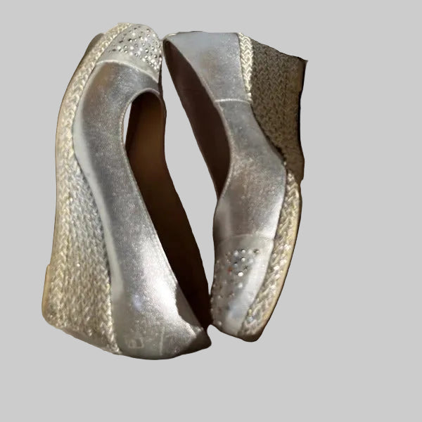 Silver wedge shoe| Mid Height | UK Size 5 | Made in Spain | Embellished Toe