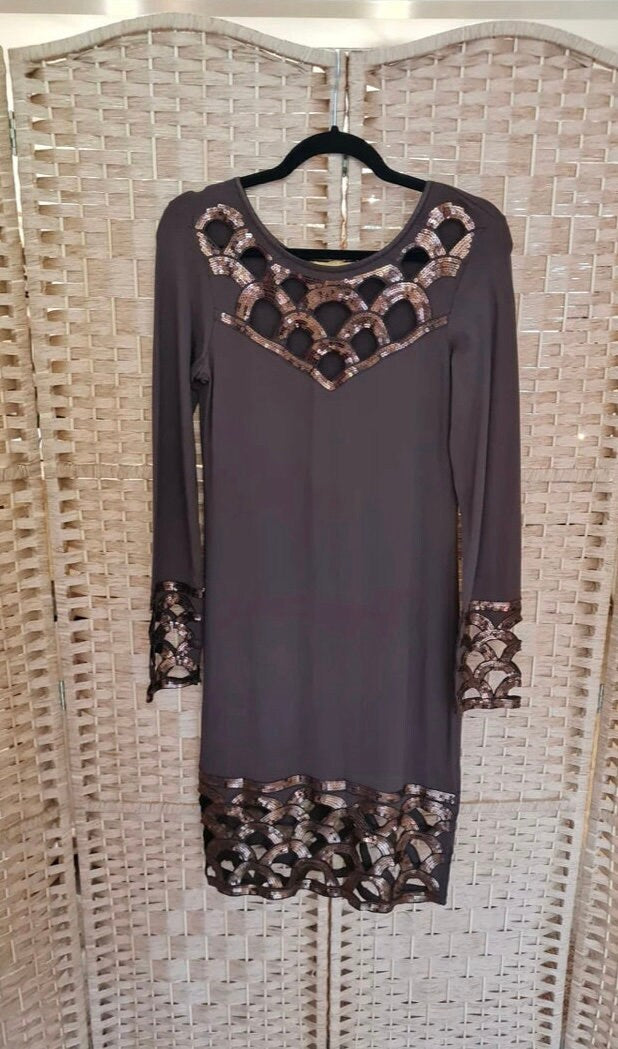 Vintage Clothing - Vintage Dress- Chocolate Brown with sequins- size 12 UK - Frock33