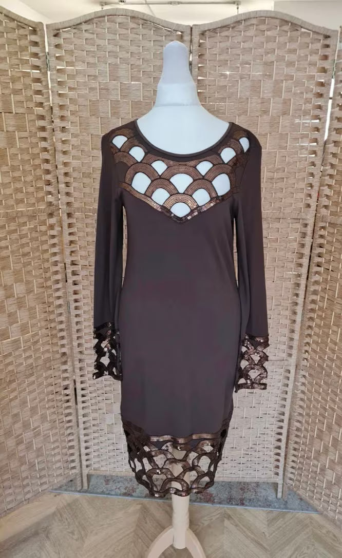 Vintage Clothing - Vintage Dress- Chocolate Brown with sequins- size 12 UK - Frock33