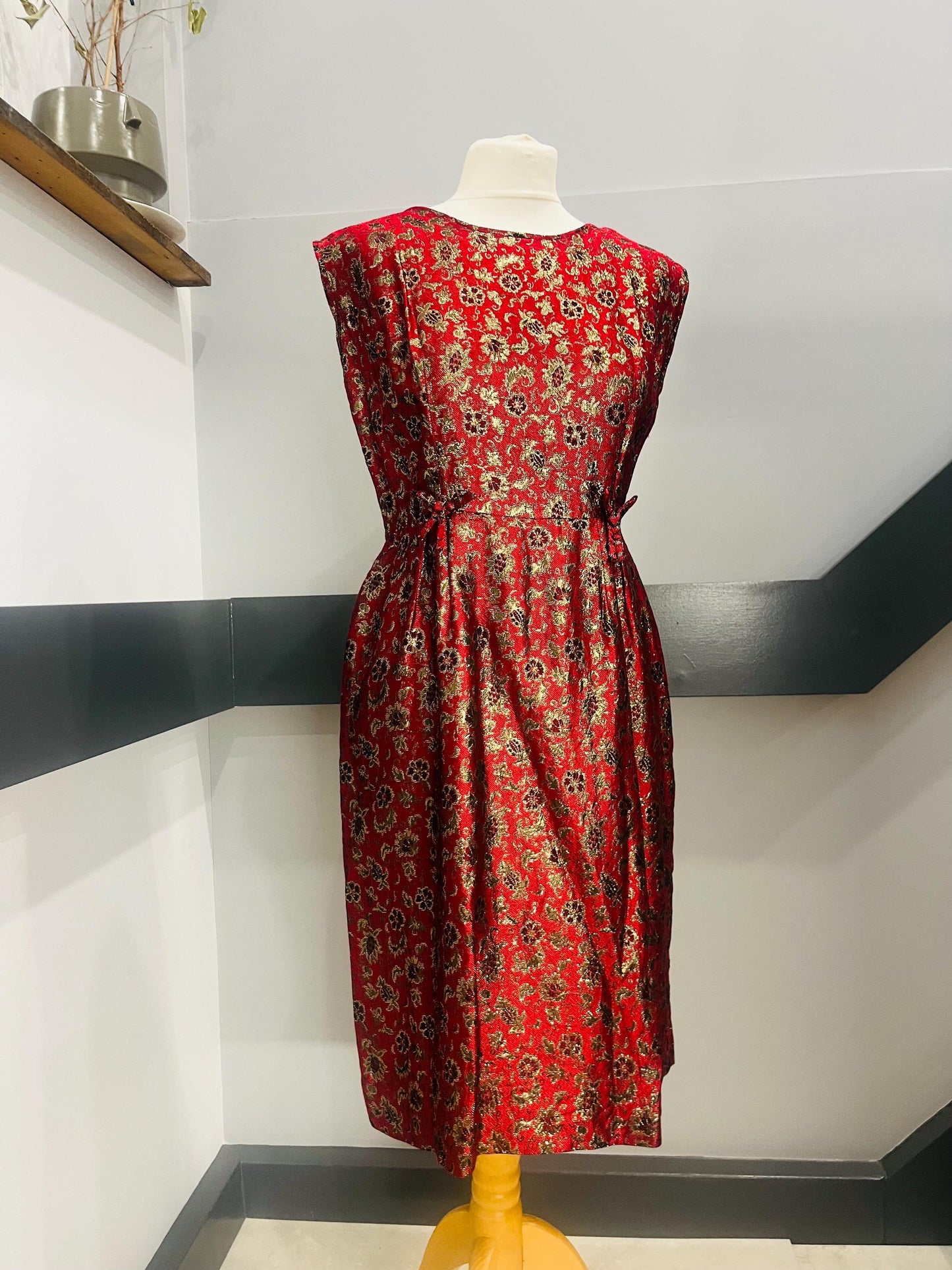 Vintage Clothing - Vintage Dress- 1990s - Red and Gold -with floral print - size 10- 12 Uk- Frock33