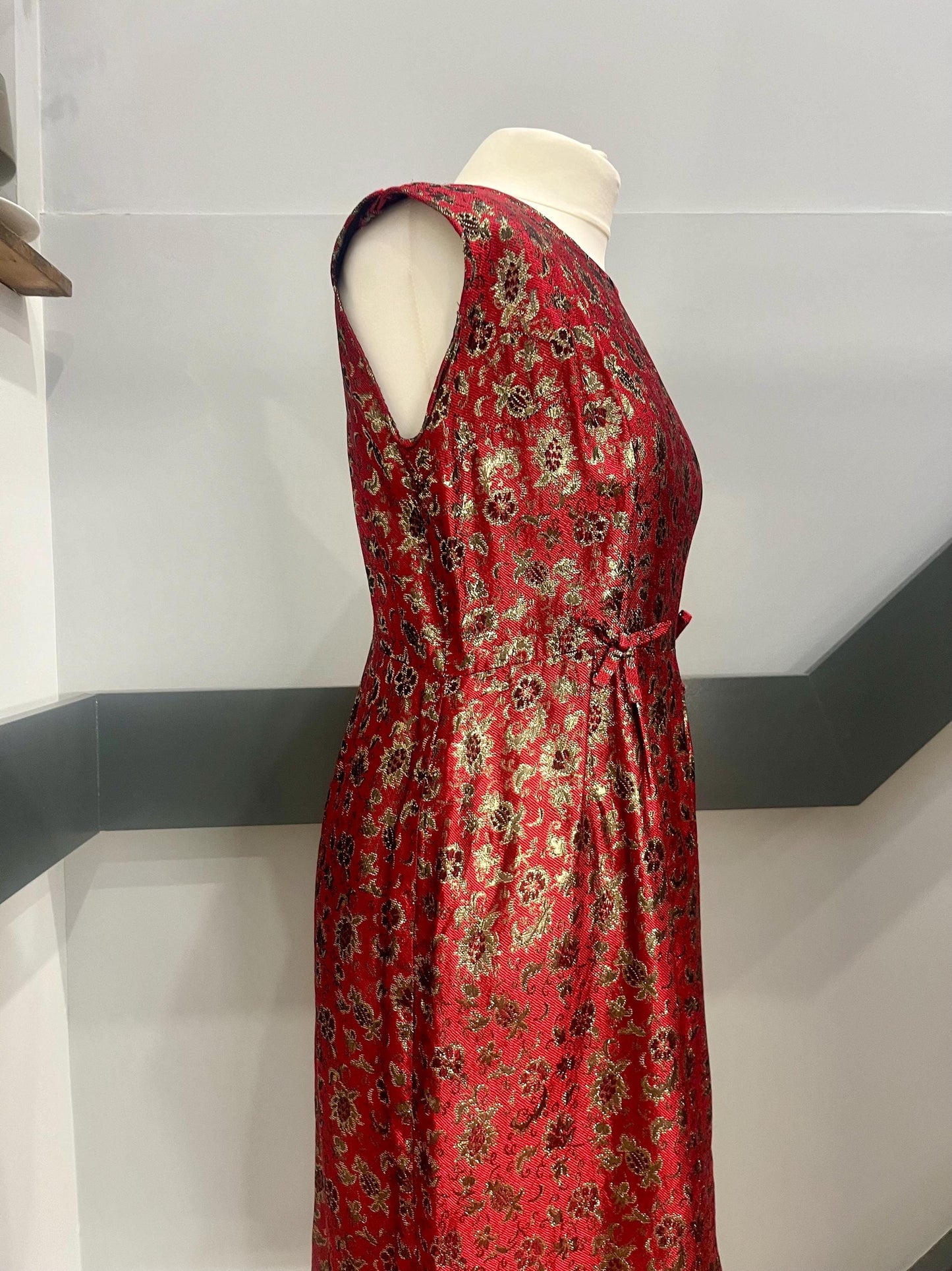 Vintage Clothing - Vintage Dress- 1990s - Red and Gold -with floral print - size 10- 12 Uk- Frock33
