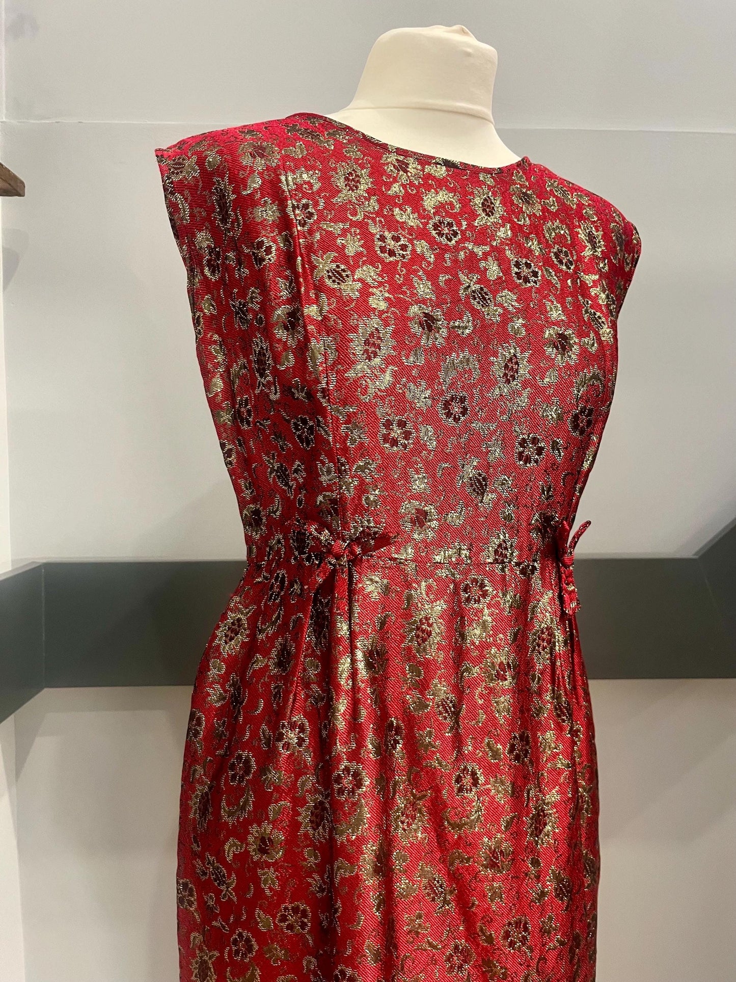 Vintage Clothing - Vintage Dress- 1990s - Red and Gold -with floral print - size 10- 12 Uk- Frock33