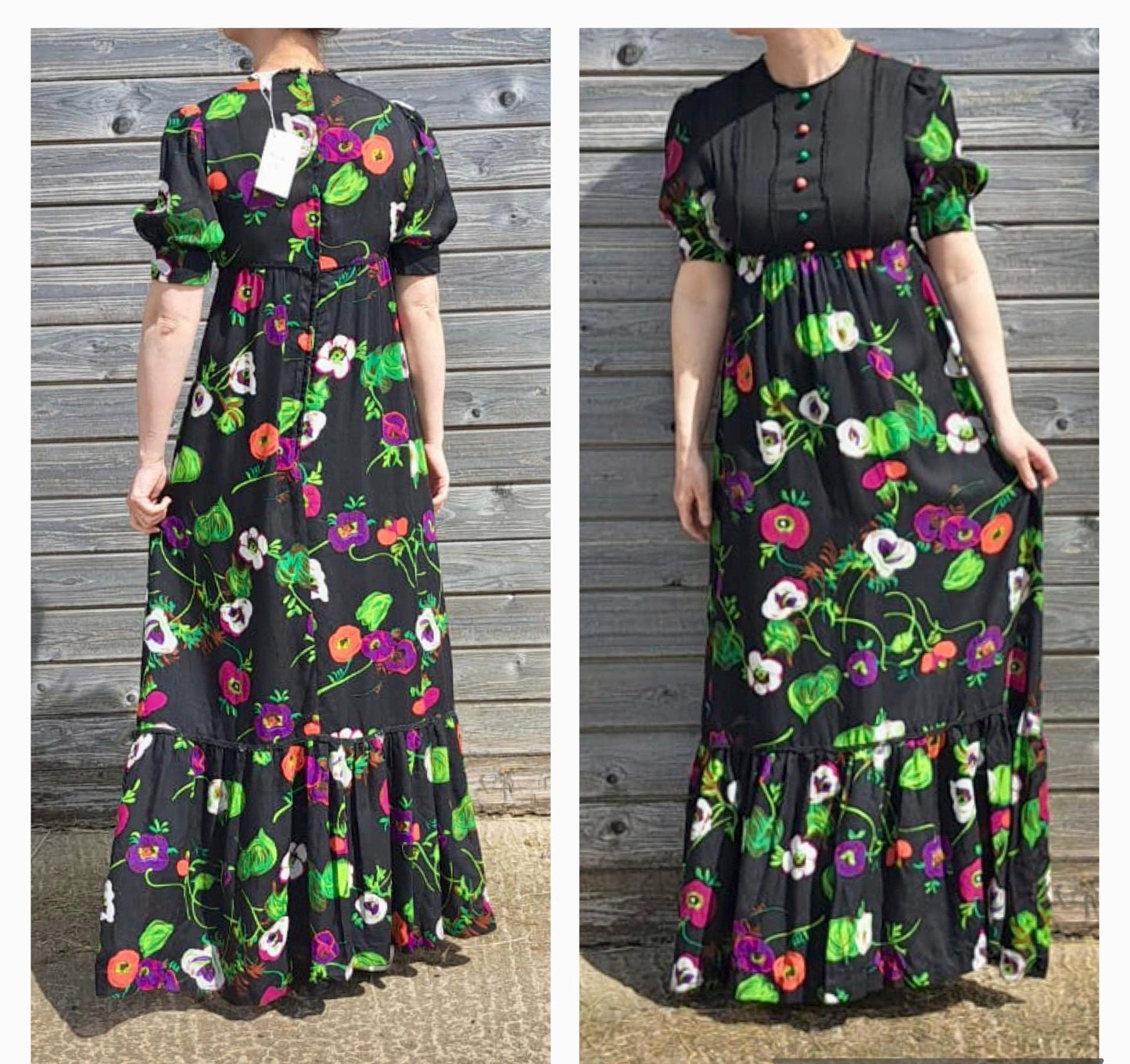Vintage Dresses - Vintage Maxi Dress - 70s Maxi by Wendys - Black and Multi-coloured Floral print Size 10 UK - Frock33