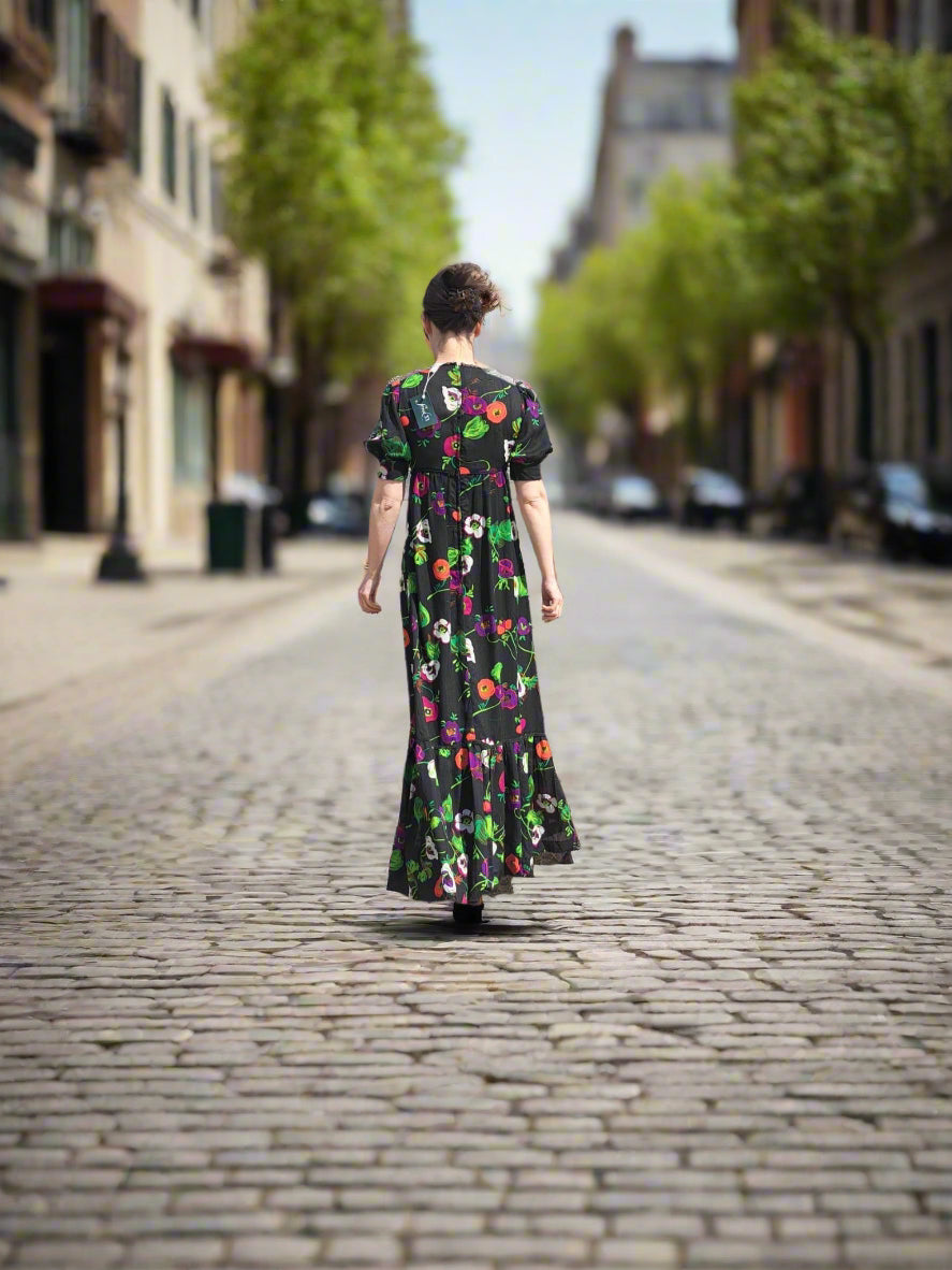 Vintage Dresses - Vintage Maxi Dress - 70s Maxi by Wendys - Black and Multi-coloured Floral print Size 10 UK - Frock33