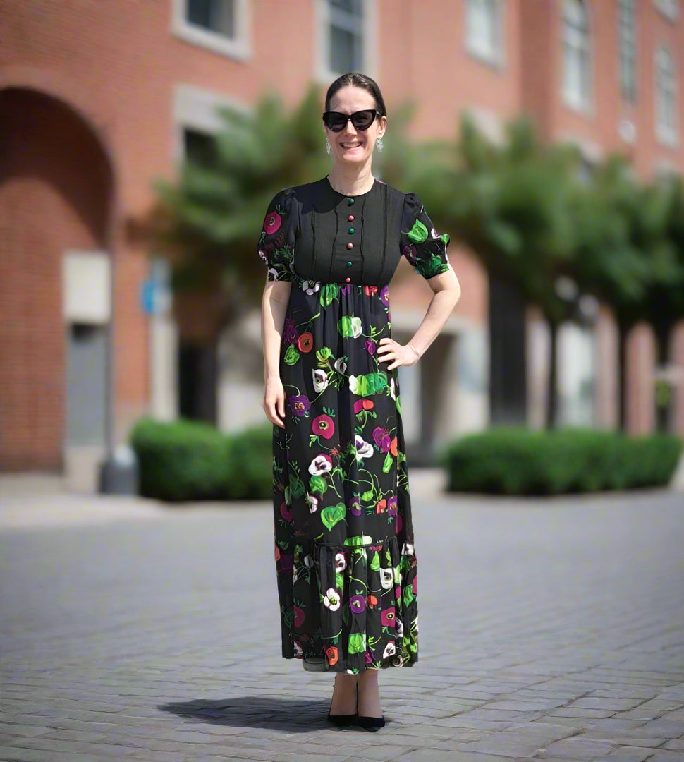 Vintage Dresses - Vintage Maxi Dress - 70s Maxi by Wendys - Black and Multi-coloured Floral print Size 10 UK - Frock33