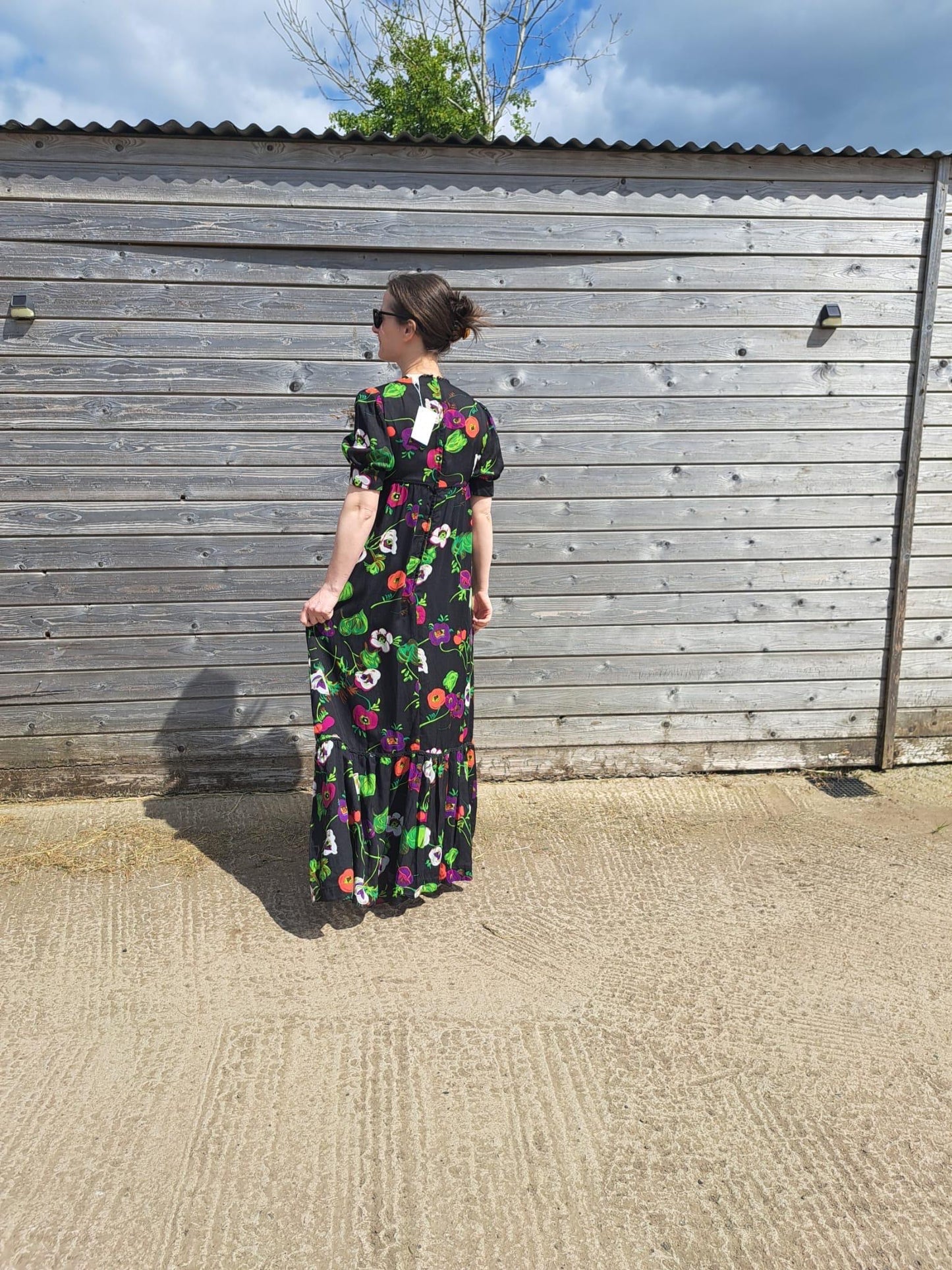 Vintage Dresses - Vintage Maxi Dress - 70s Maxi by Wendys - Black and Multi-coloured Floral print Size 10 UK - Frock33