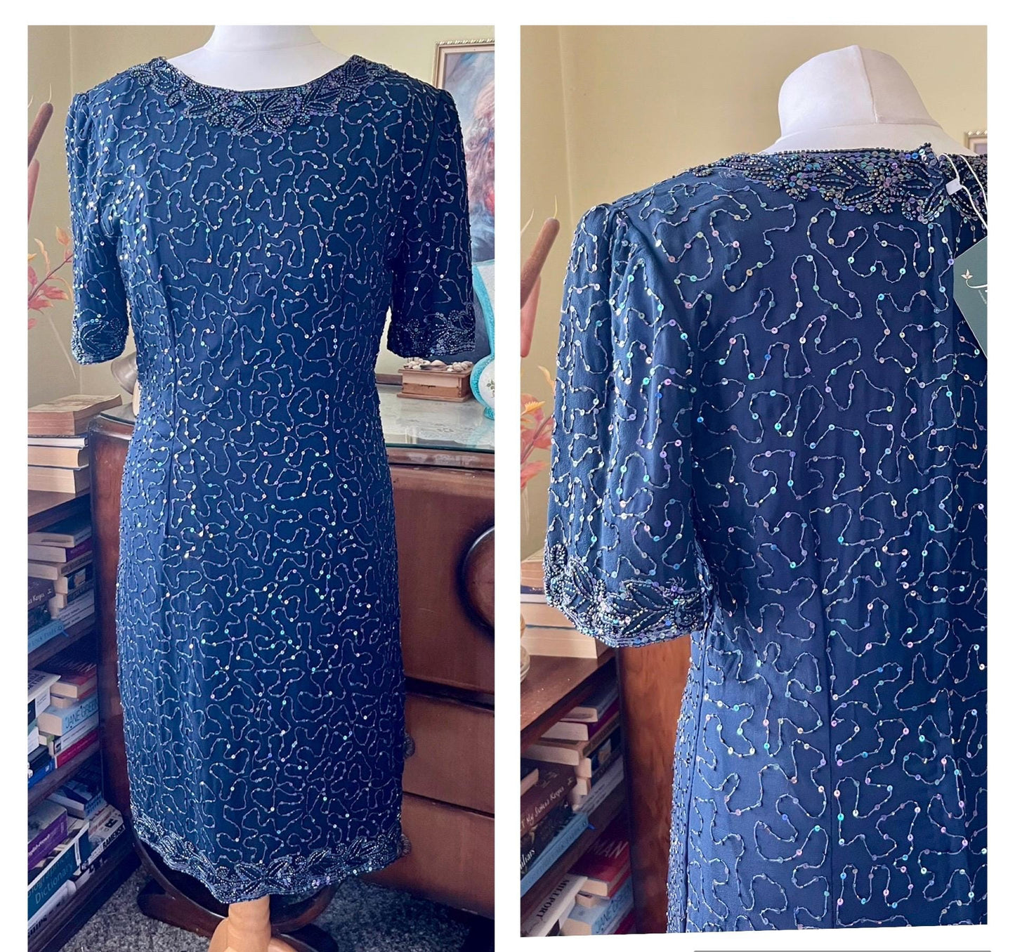 Vintage Dresses- 1980s Stenay - Navy Embellished Dress- size 10- Frock33