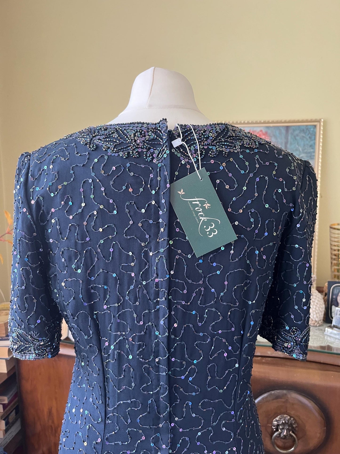 Vintage Dresses- 1980s Stenay - Navy Embellished Dress- size 10- Frock33