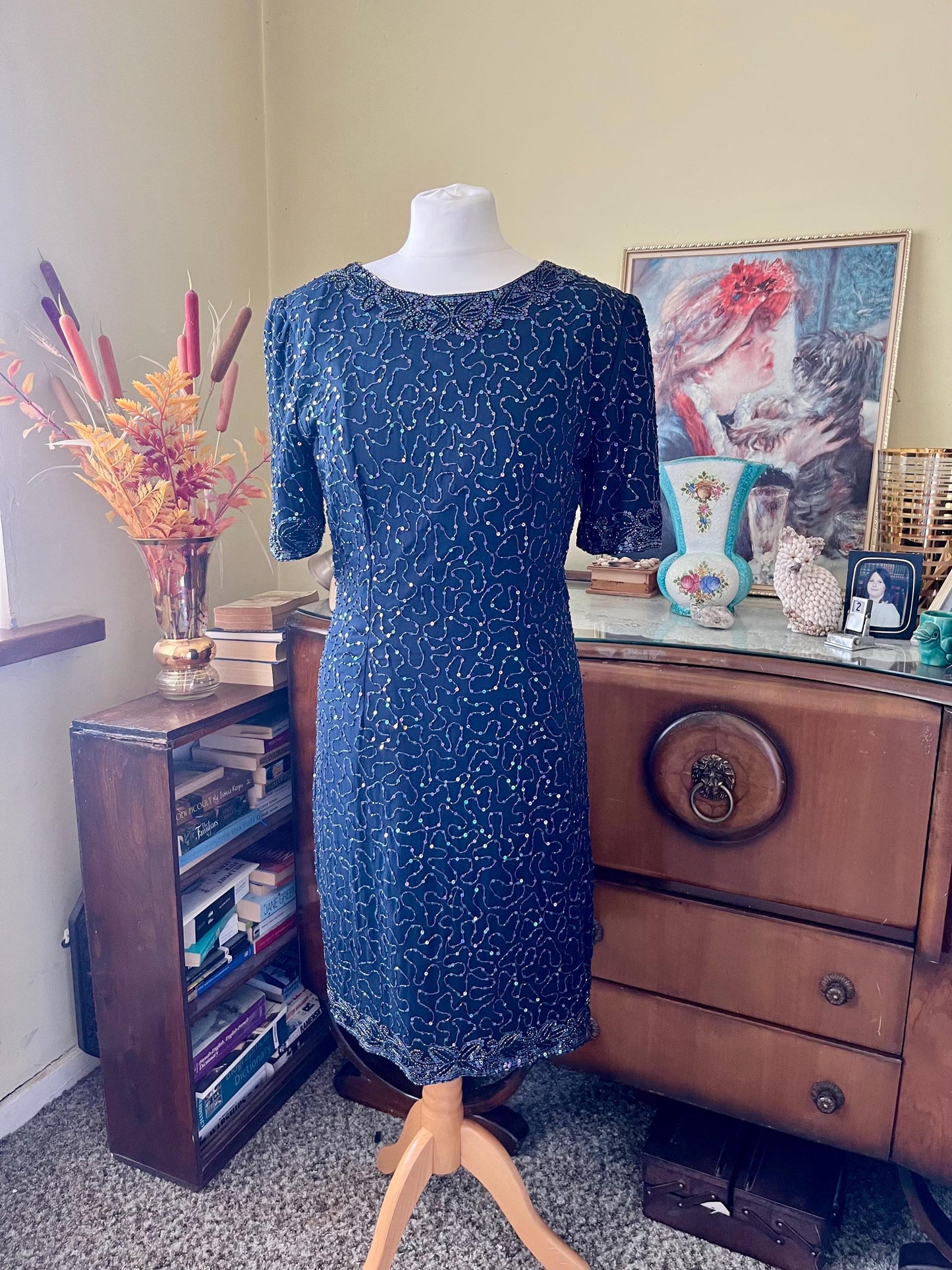 Vintage Dresses- 1980s Stenay - Navy Embellished Dress- size 10- Frock33