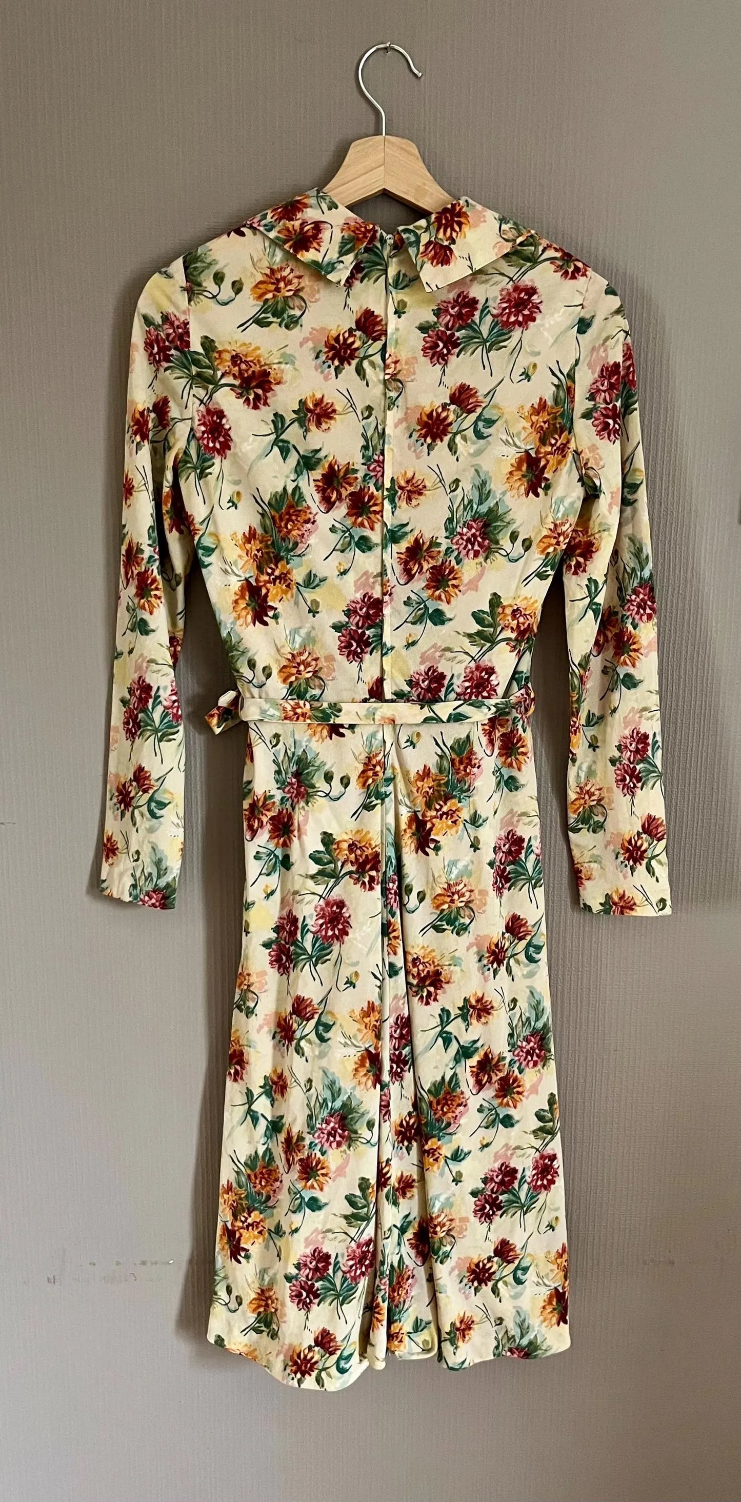 Vintage Dresses - Midi- Cream Autumnal 70s Fit n Flare - Belted - Size 12 - Frock33