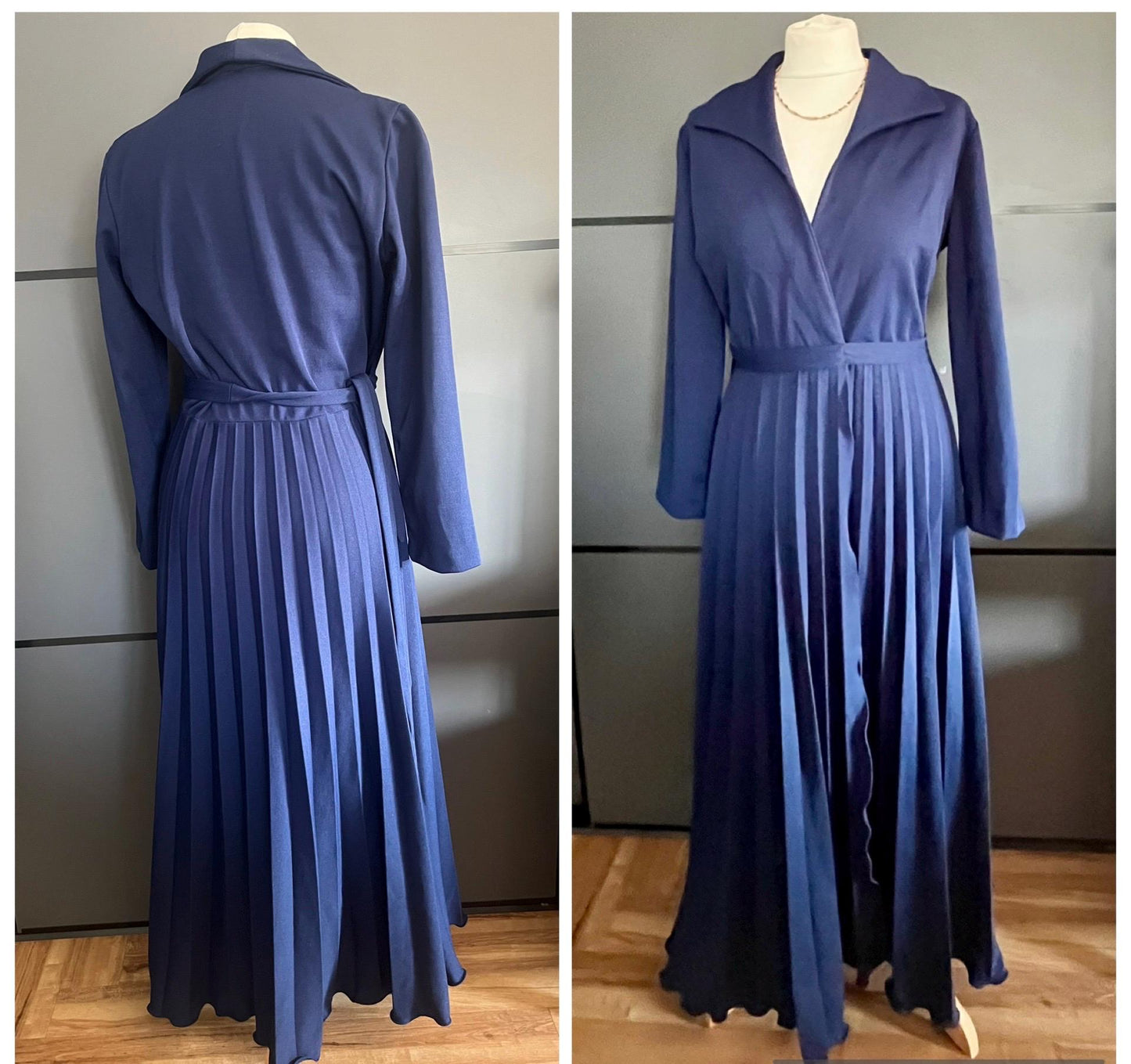 1970s Vintage Dress | Long sleeved | Pleated Skirt | Navy Blue | Size 10-12 UK | Frock33