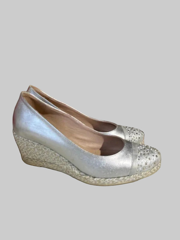 Silver wedge shoe| Mid Height | UK Size 5 | Made in Spain | Embellished Toe