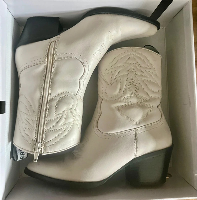 Vintage Cowboy Boots | Bronx |Cream Leather |Y2K | Size 4 UK |Frock 33