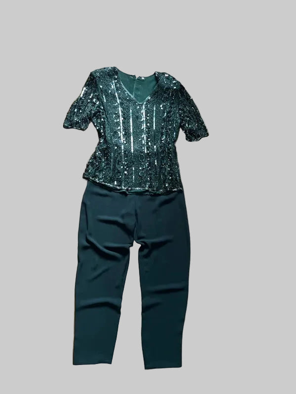 Vintage Frank Usher Emerald Green Sequin Silk Matching Trouser Set | Size UK 12|Frock33