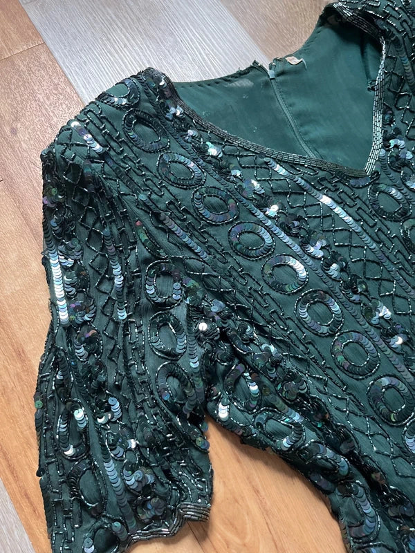 Vintage Frank Usher Emerald Green Sequin Silk Matching Trouser Set | Size UK 12|Frock33