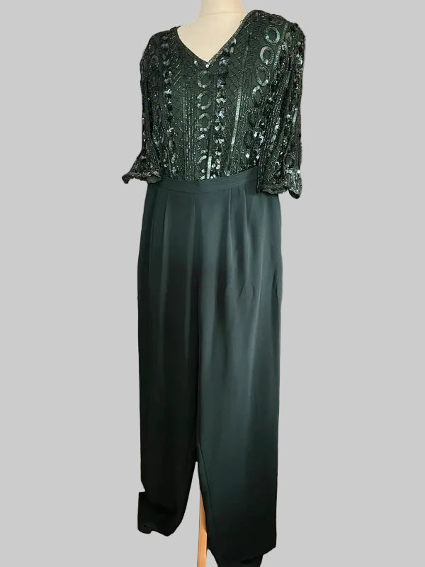 Vintage Frank Usher Emerald Green Sequin Silk Matching Trouser Set | Size UK 12|Frock33