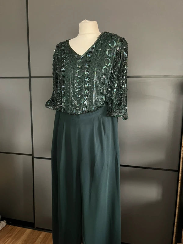 Vintage Frank Usher Emerald Green Sequin Silk Matching Trouser Set | Size UK 12|Frock33
