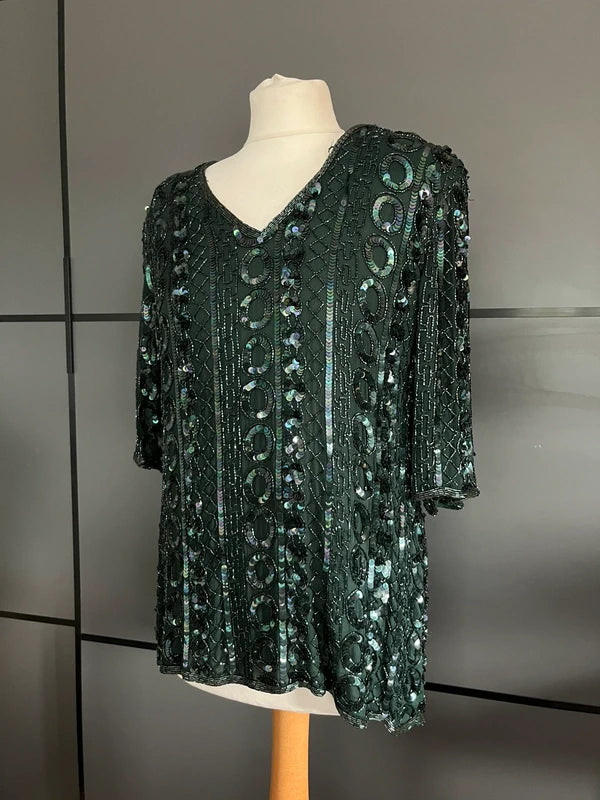 Vintage Frank Usher Emerald Green Sequin Silk Matching Trouser Set | Size UK 12|Frock33