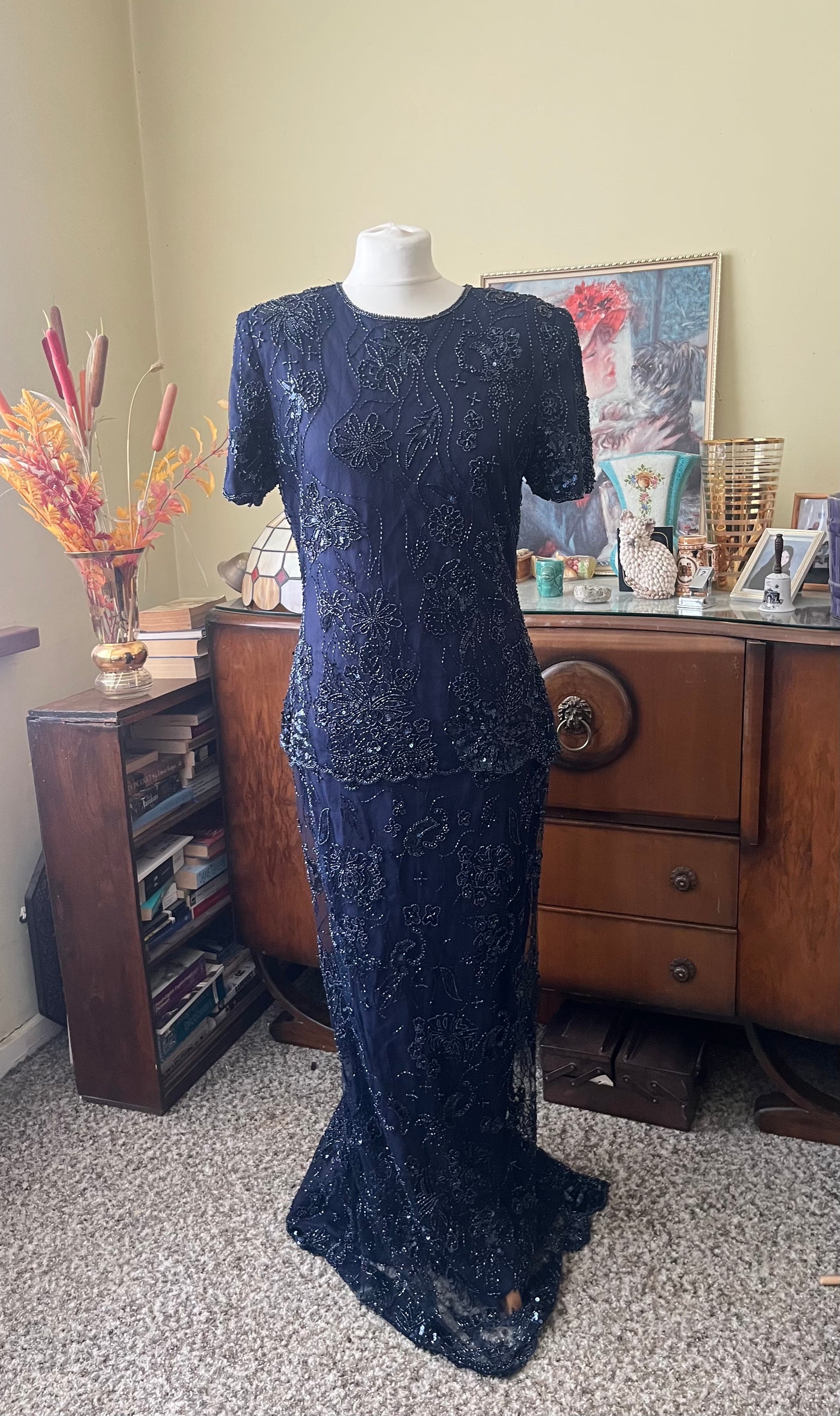 Vintage Dresses - Evening Gown Vin 1980s Navy Blue Embellished Dress - Frock33