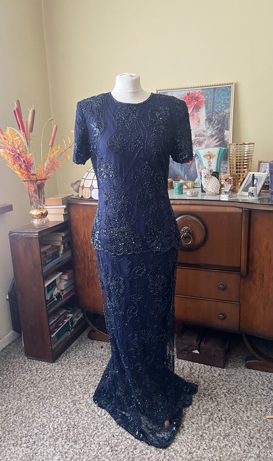 Vintage Dresses - Evening Gown Vin 1980s Navy Blue Embellished Dress - Frock33