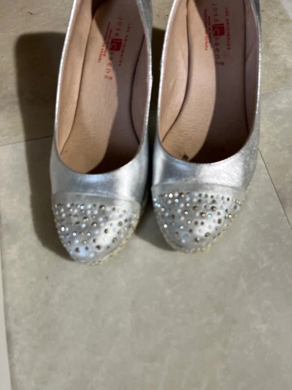Silver wedge shoe| Mid Height | UK Size 5 | Made in Spain | Embellished Toe