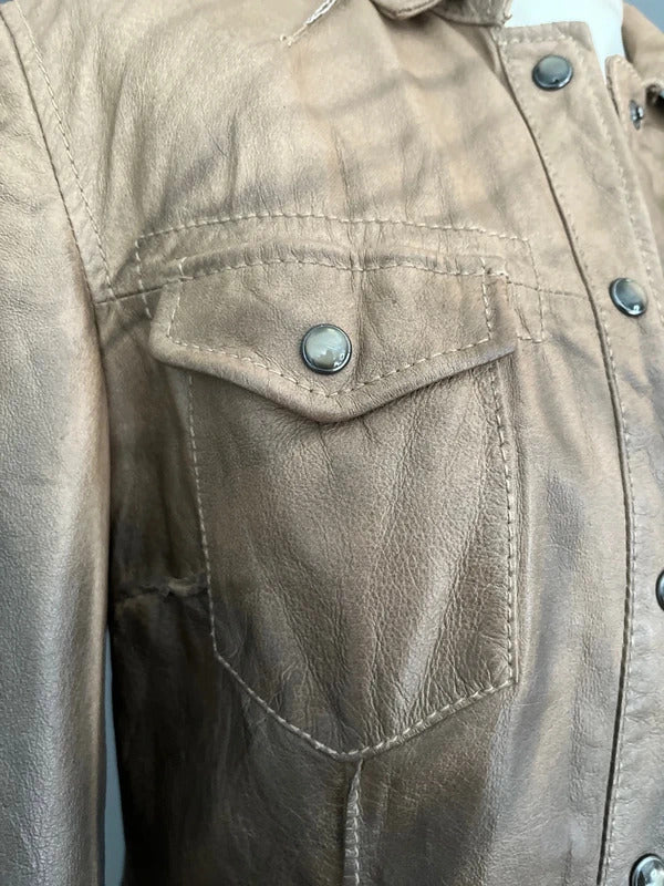 Preloved Brown Leather Shirt Shacket | Distressed Style | By All Saints Size 8-10 UK