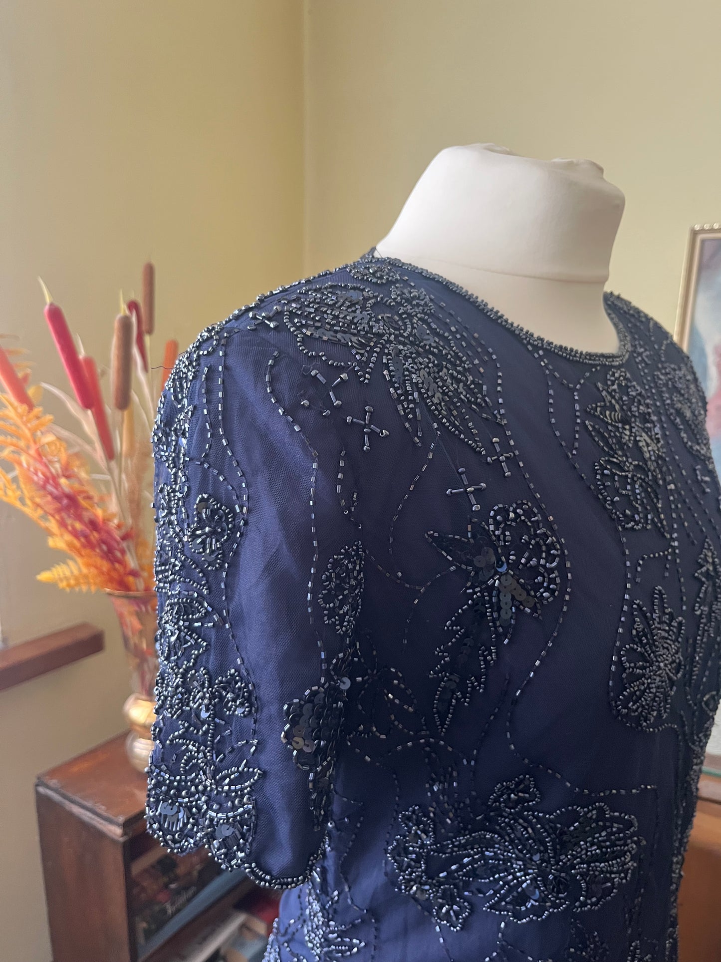 Vintage Dresses - Evening Gown Vin 1980s Navy Blue Embellished Dress - Frock33