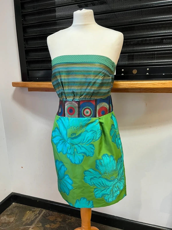 Vintage Dress | Y2K | Desigual Bandeau Style | Vibrant Greens | UK Size 8