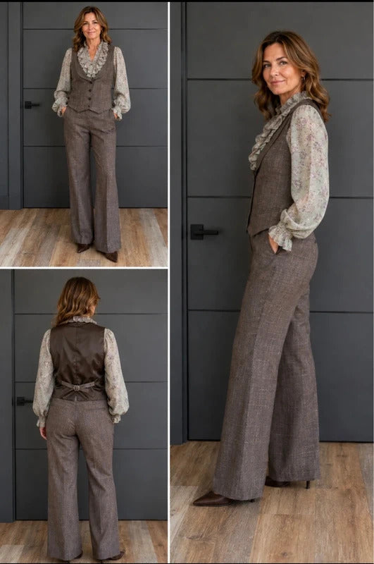 Vintage Trouser Suit | With Blouse | 90s | size 14| Brown