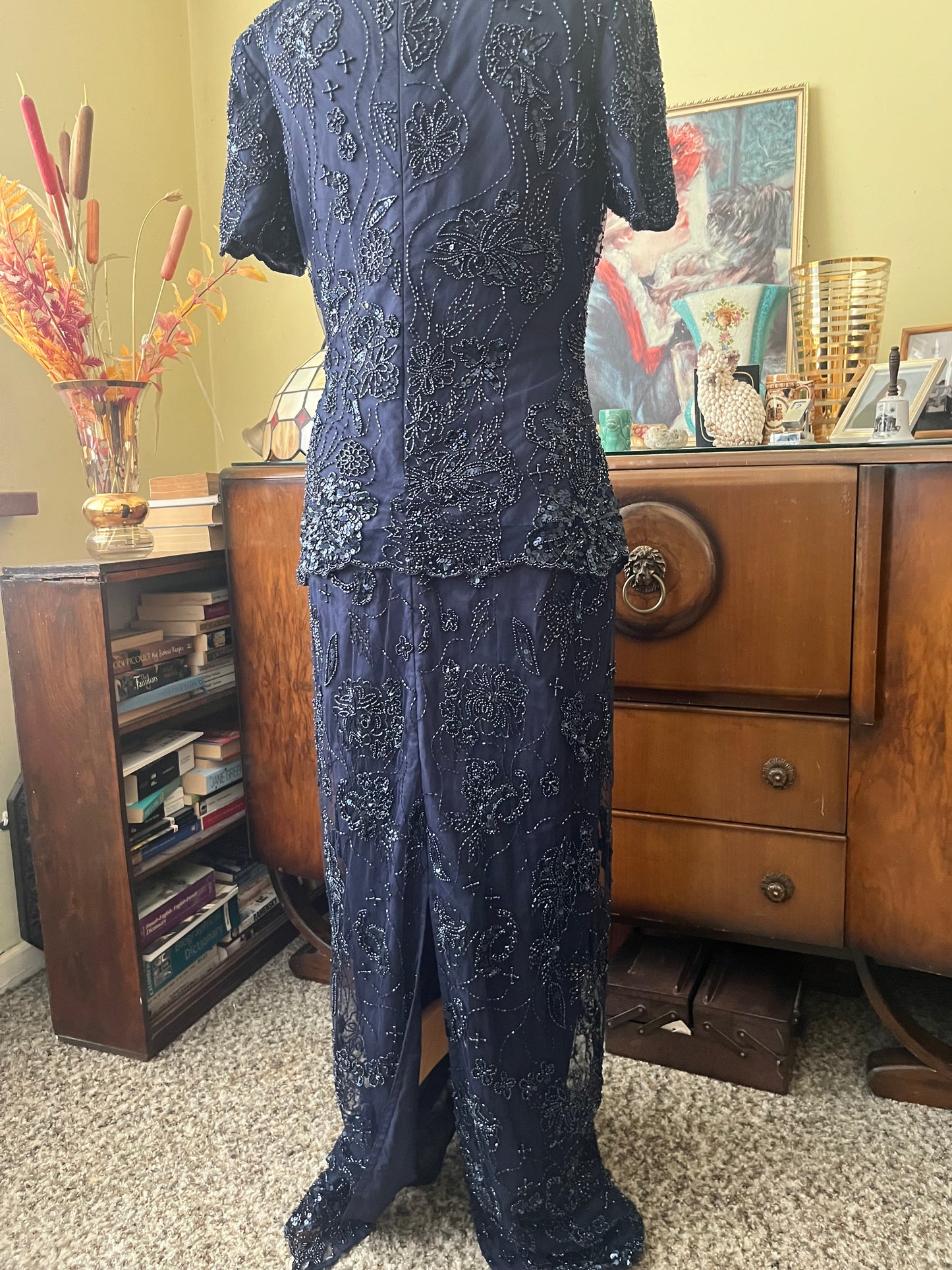 Vintage Dresses - Evening Gown Vin 1980s Navy Blue Embellished Dress - Frock33