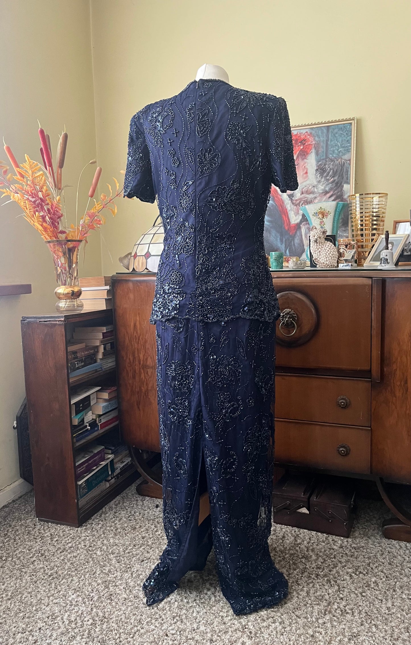 Vintage Dresses - Evening Gown Vin 1980s Navy Blue Embellished Dress - Frock33