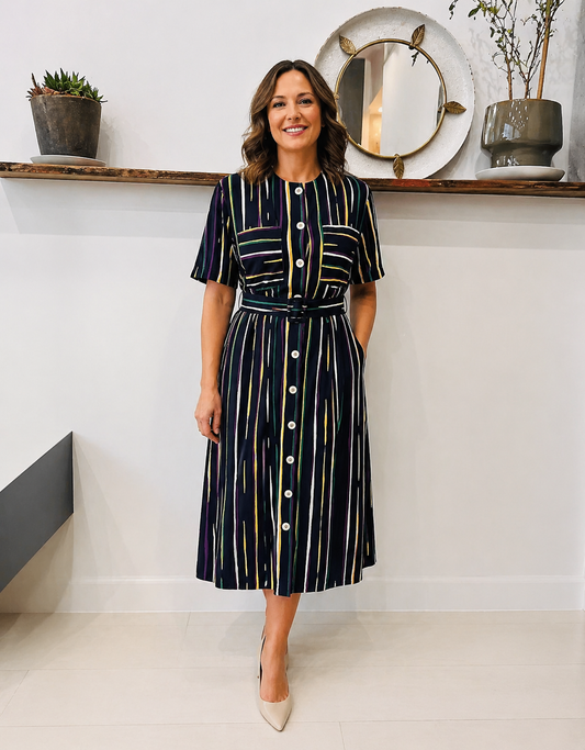 Vintage Dress |  Maxi with Belt| Navy Purple Green Yellow | Mandy Marsh| Size 12 | Frock33