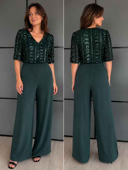 Vintage Frank Usher Emerald Green Sequin Silk Matching Trouser Set | Size UK 12|Frock33