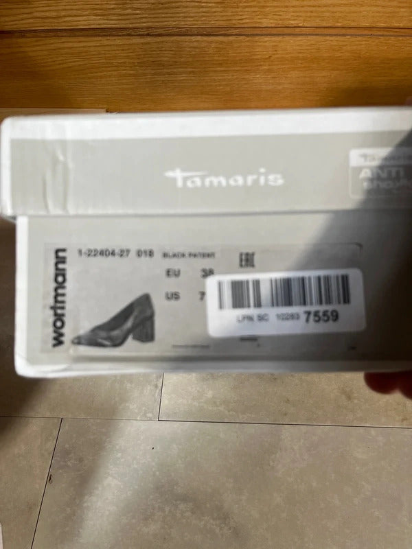 Black Patent Court Shoes | Block Heel | Size 5UK |BNIB| Tamaris