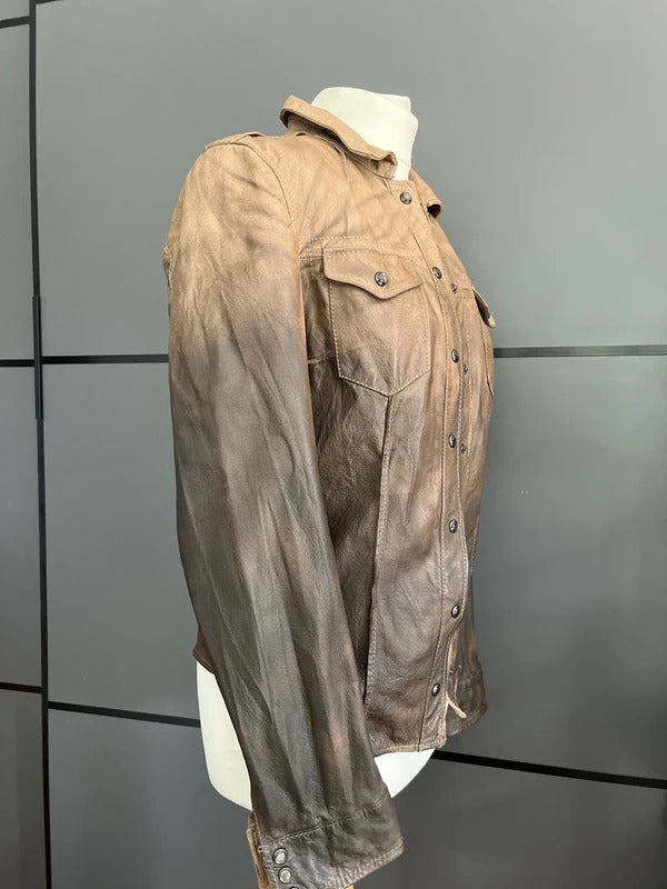 Preloved Brown Leather Shirt Shacket | Distressed Style | By All Saints Size 8-10 UK