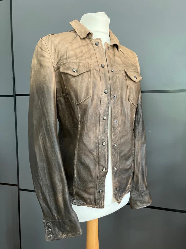 Preloved Brown Leather Shirt Shacket | Distressed Style | By All Saints Size 8-10 UK