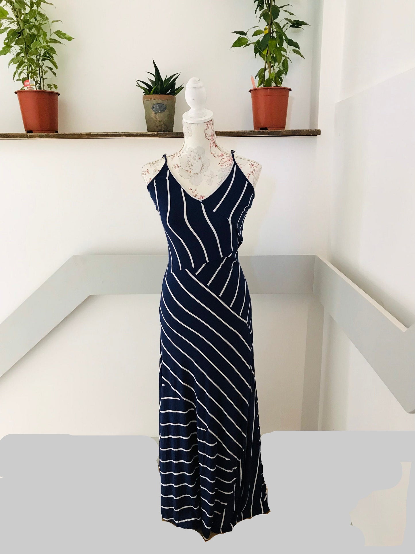 Vintage Dresses - Vintage Maxi Dress - 1990s Calvin Klein  - Navy and White Maxi Dress Size 10 UK - Frock33