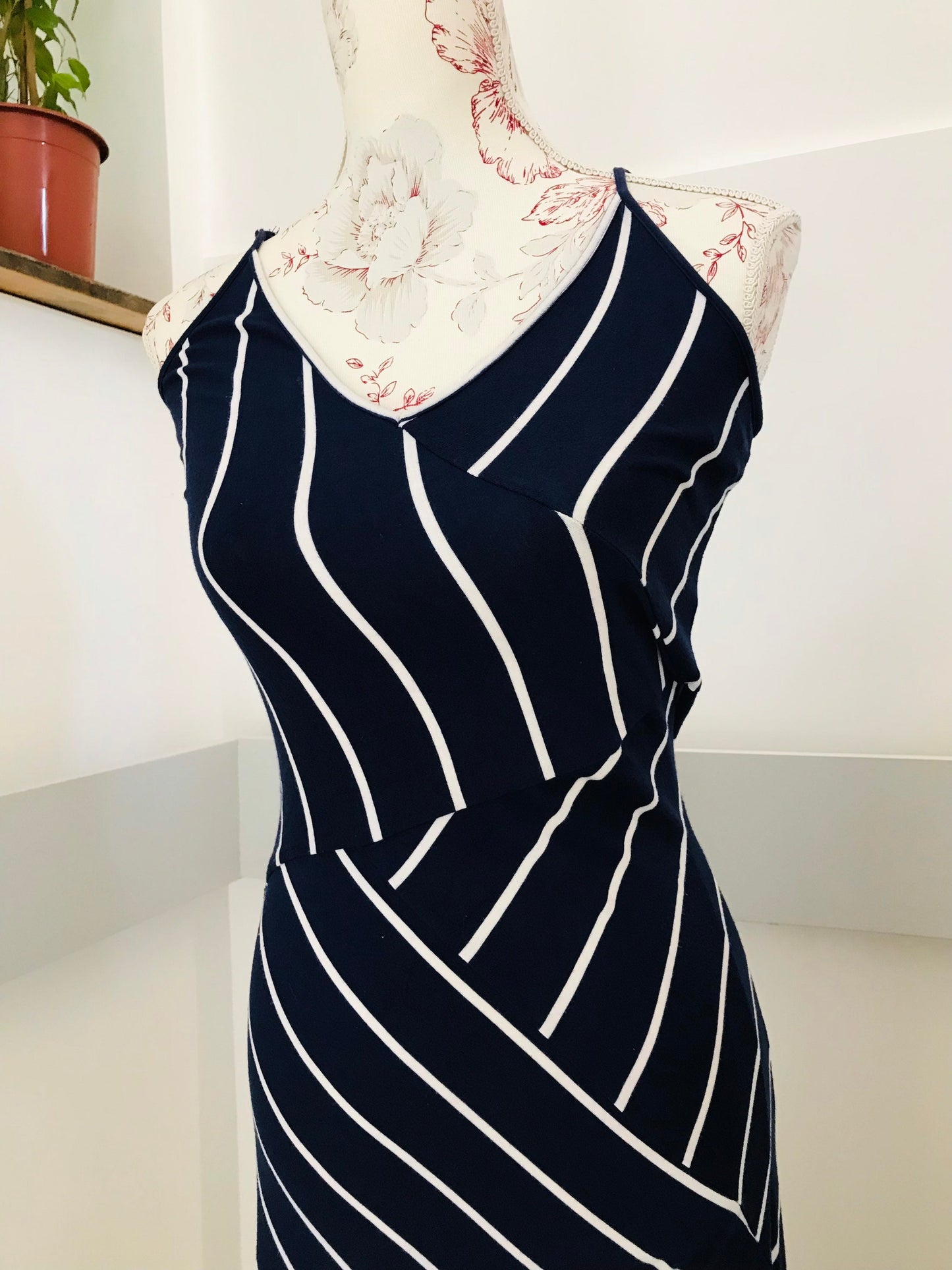 Vintage Dresses - Vintage Maxi Dress - 1990s Calvin Klein  - Navy and White Maxi Dress Size 10 UK - Frock33